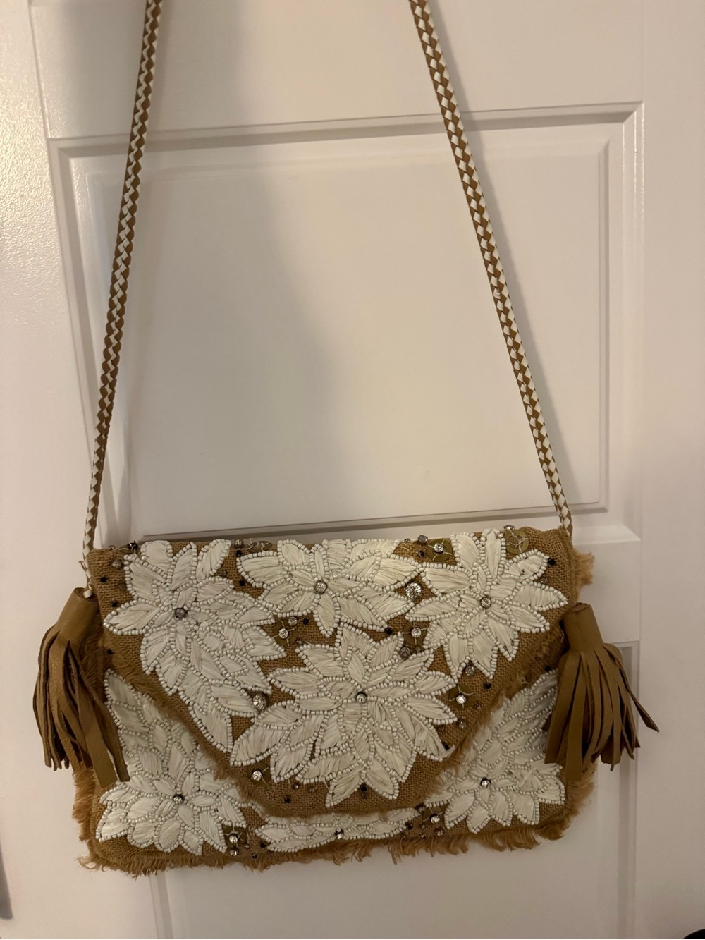 Tan Floral Beaded Crossbody Bag